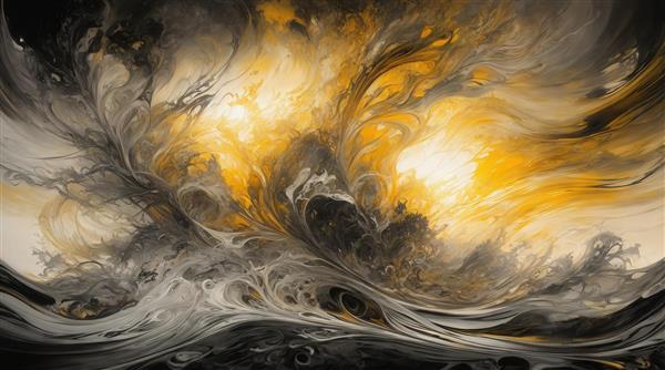 عکس امواج طوفانی با نور مرکز طلایی و امواج سیاه و سفید