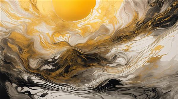تصویر آبستره موج‌دار طلایی و سیاه با خورشید نورانی برای چاپ