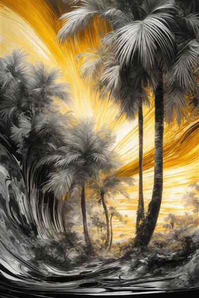 طرح درخت‌های نخل سیاه و سفید با ریزش رنگ طلایی دکوراتیو