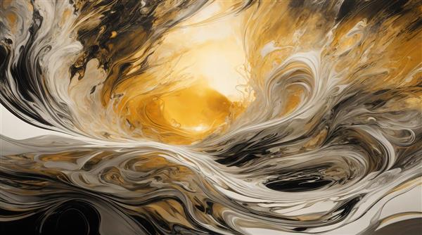تصویر امواج آبستره طوفانی با مرکز طلایی و امواج رنگ سیاه و سفید