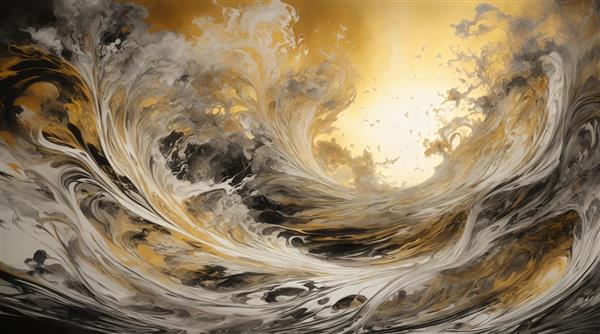 طرح امواج دریا آبستره طلایی، سیاه و سفید با چرخش‌های شدید برای چاپ