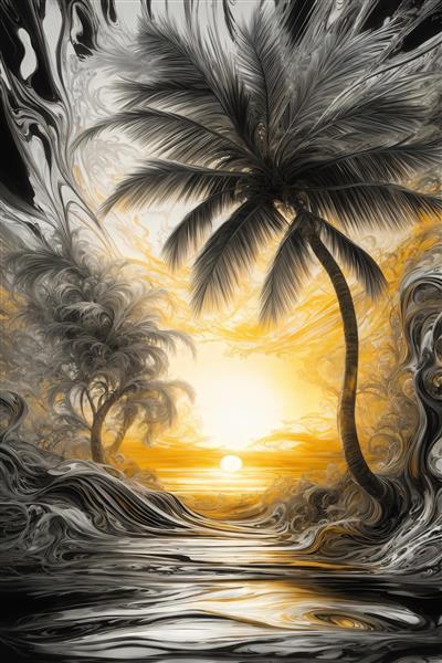 عکس نخل‌های مجلل سیاه و سفید در کنار دریا با موج طلایی و غروب