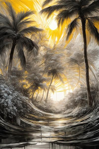 طرح نخل‌های انتزاعی خاکستری و سفید در مه با نور خورشید طلایی