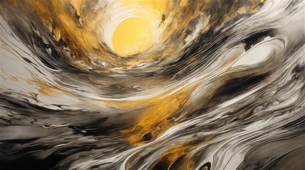 تصویر آبستره موج‌دار طلایی و سیاه با مرکز نورانی برای تابلو