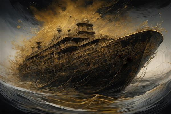 عکس کشتی بزرگ طلایی با ریزش رنگ در طوفان دکوراتیو برای تابلو