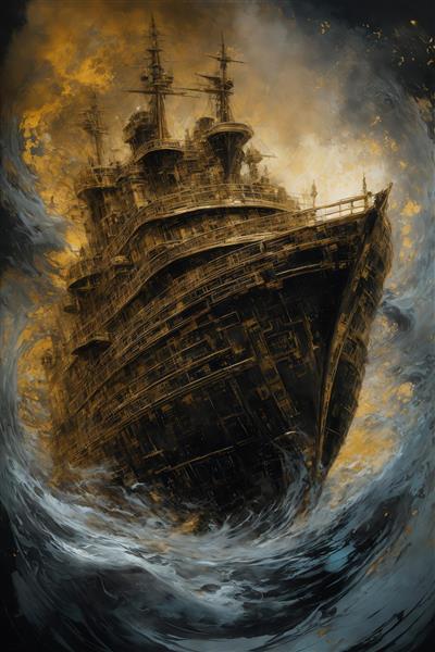 تصویر کشتی کروز طلایی در حال غرق شدن در موج‌های بلند و سیاه