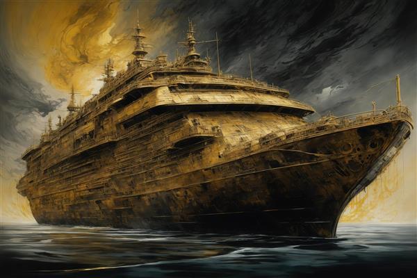 طرح کشتی بخار طلایی مجلل در دریا با طوفان ابری لوکس برای چاپ