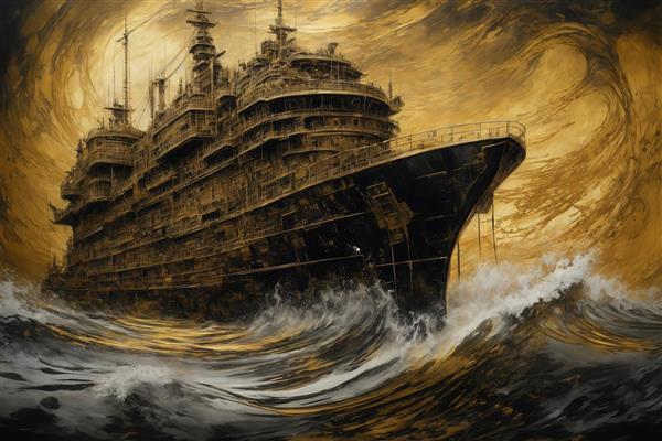 عکس کشتی لوکس طلایی در گرداب امواج طلایی و سیاه برای چاپ تابلو