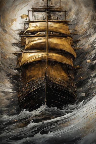 تصویر کشتی بادبانی لوکس طلایی از نمای روبرو در طوفان و امواج