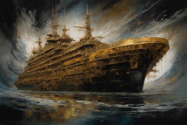 طرح کشتی کروز طلایی بزرگ در حال عبور از موج‌های سهمگین دکوراتیو