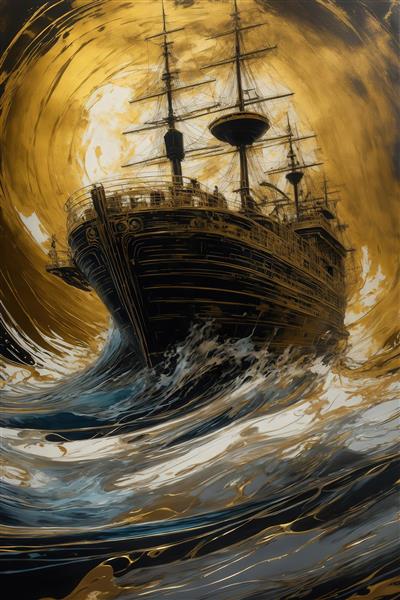 عکس کشتی بادبانی طلایی قدیمی در گرداب و امواج پرخروش آبستره