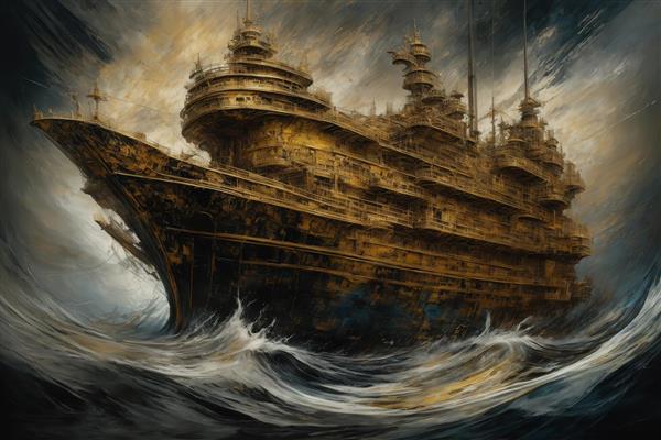 تصویر تابلو کشتی مجلل طلایی در طوفان دریا با حال و هوای آبستره