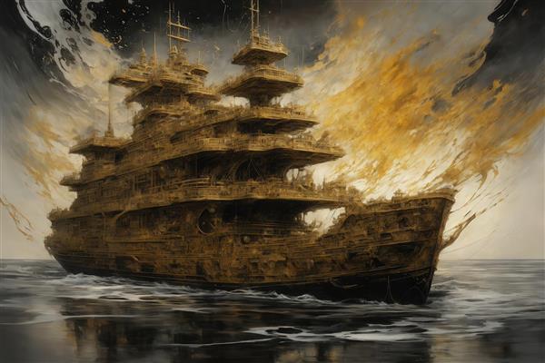 طرح کشتی بخار لوکس طلایی در امواج تیره با انفجار رنگ طلایی