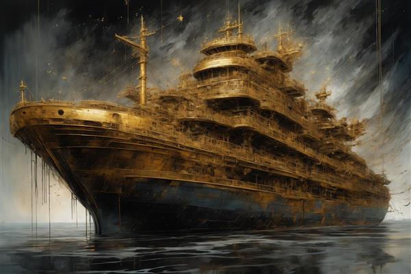 عکس کشتی بزرگ کروز طلایی آبستره در دریا با ریزش رنگ دکوراتیو