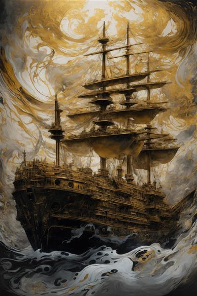 تصویر کشتی بادبانی طلایی قدیمی در طوفان طلایی و سیاه انتزاعی