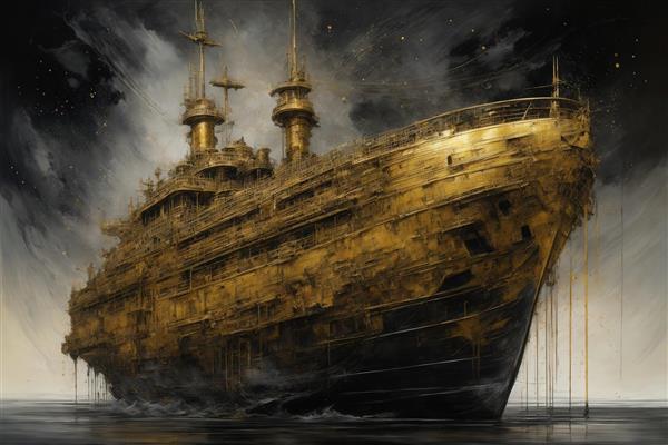 طرح کشتی دکوراتیو طلایی و زنگ‌زده در شب با حال و هوای ماورایی