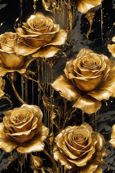 عکس پترن گل رزهای طلایی باکیفیت و ریزش رنگ روی زمینه مشکی