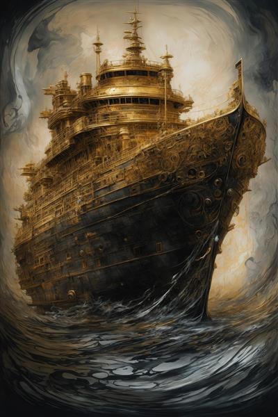 تصویر تابلو کشتی کروز لوکس طلایی در امواج متلاطم آبستره