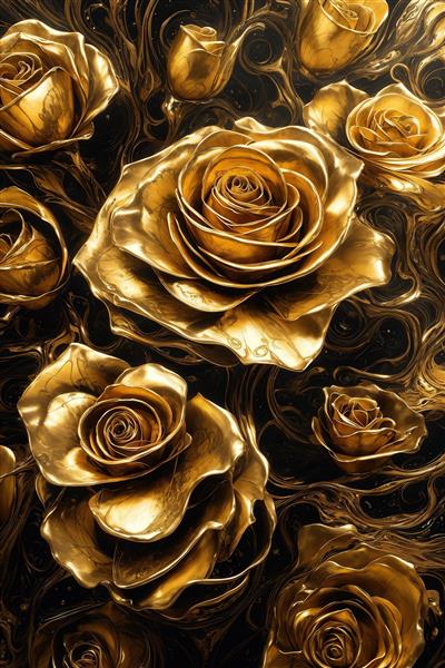 پترن گل رزهای طلایی ریز و درشت روی زمینه لوکس تیره برای چاپ