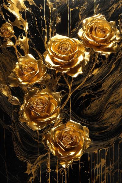 طرح پنج گل رز طلایی روی شاخه با پس زمینه سیاه و قطره‌ای