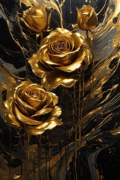 تصویر دو گل رز طلایی با ریزش رنگ لوکس طلایی در زمینه مشکی