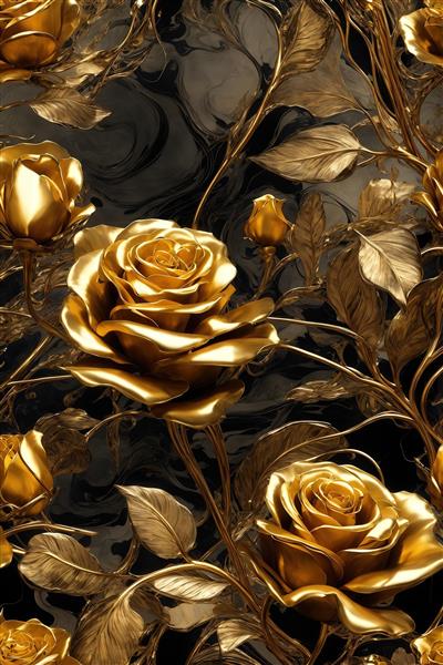 عکس پترن شاخه گل رز طلایی بزرگ با غنچه‌ها در زمینه تیره