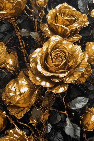 پترن گل رز طلایی و سفید روی زمینه سیاه و خاکستری برای چاپ پارچه