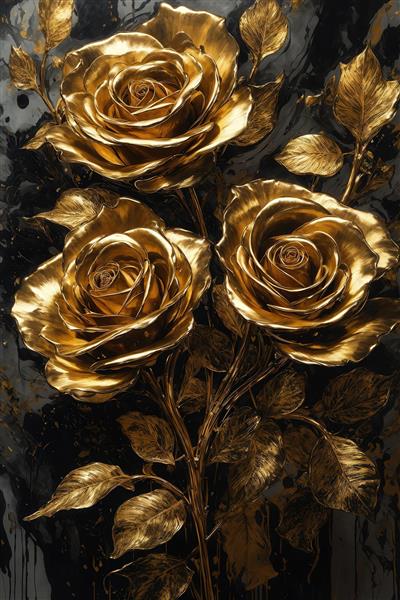 عکس سه شاخه رز طلایی با برگ‌های لوکس دکوراتیو برای تابلو پذیرایی
