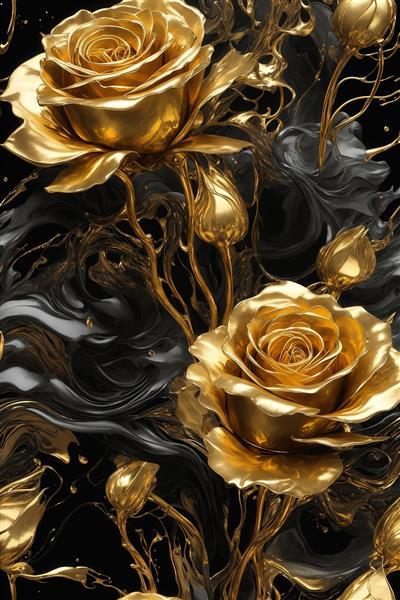 تصویر پترن گل رز طلایی و غنچه با زمینه انتزاعی مشکی و لوکس
