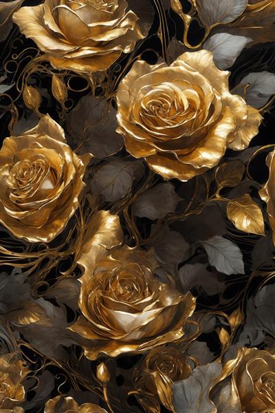 طرح پترن تکرار گل رز طلایی با برگ‌های خاکستری لوکس برای چاپ