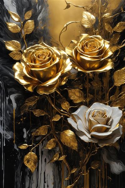 تصویر دو رز طلایی و یک رز سفید برای چاپ پرده و روتختی باکیفیت