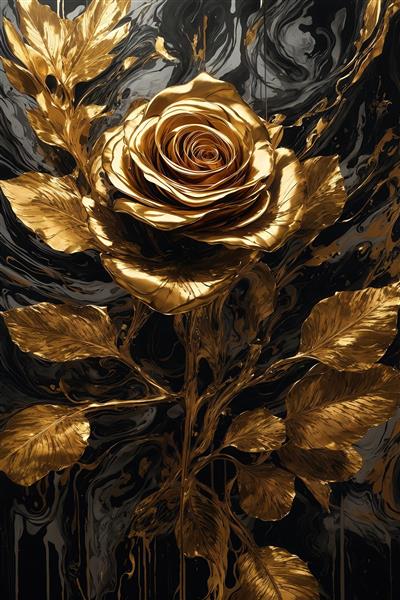 طرح تک شاخه گل رز طلایی با برگ و پس زمینه انتزاعی سیاه