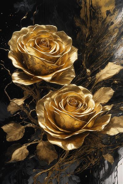 عکس دو گل رز طلایی دکوراتیو با پس زمینه سیاه و براق برای تابلو
