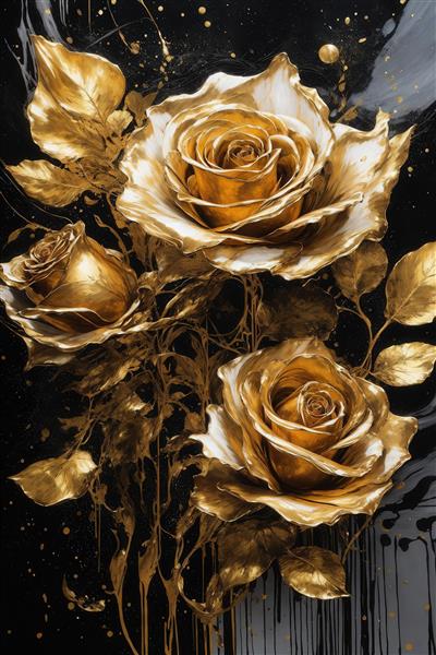طرح دکوراتیو سه شاخه گل رز طلایی و سفید روی پس زمینه مشکی