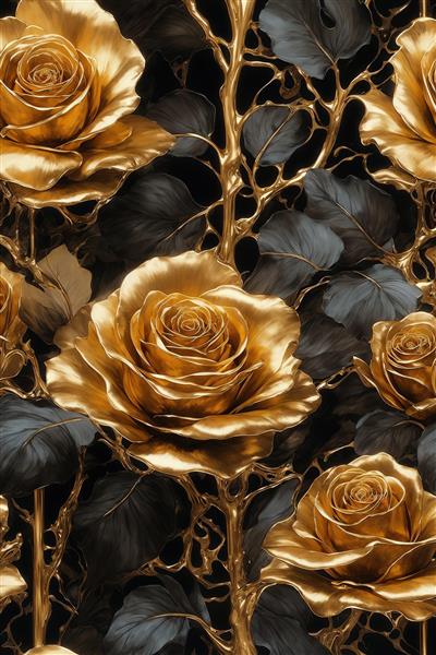 عکس پترن گل رز طلایی باکیفیت و برگ‌های خاکستری تیره برای چاپ