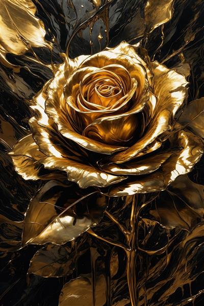 تصویر گل رز بزرگ طلایی سه‌بعدی با بافت‌های سیاه برای دکوراسیون
