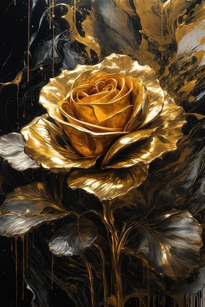 طرح گل رز طلایی براق با برگ‌های تیره برای تابلو دیواری پذیرایی