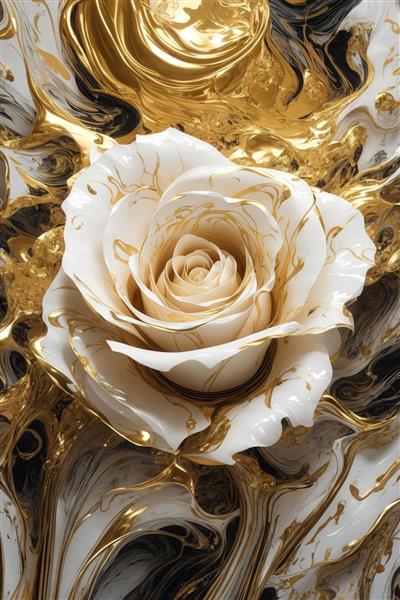 تصویر گل رز سفید با رگه‌های طلایی و موج‌های انتزاعی لوکس