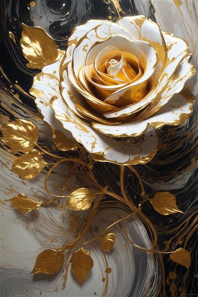 گل رز سفید و طلایی برجسته برای چاپ تابلو دکوراتیو عریض