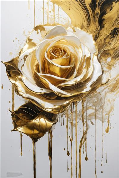 عکس گل رز سفید و طلایی با ریزش مایع براق برای پرده عریض