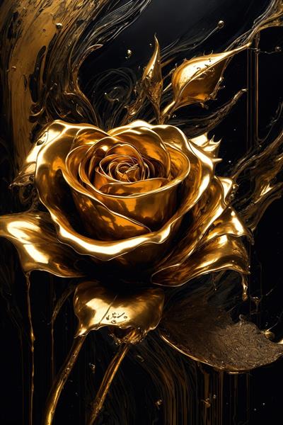 تصویر گل رز بزرگ طلایی مایع در زمینه مشکی برای دکوراسیون