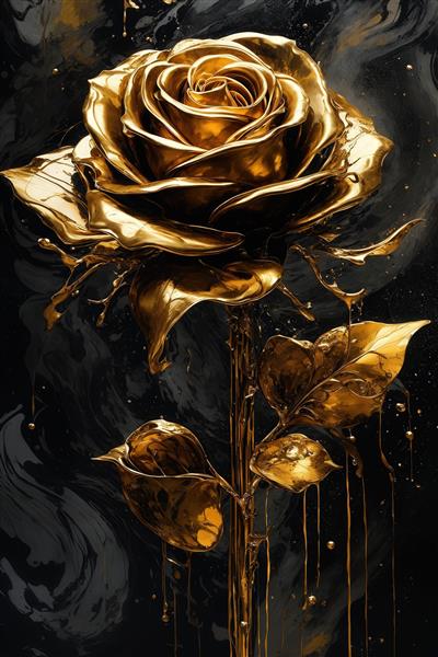 عکس گل رز طلایی سه‌بعدی با شاخه و برگ برای چاپ پرده