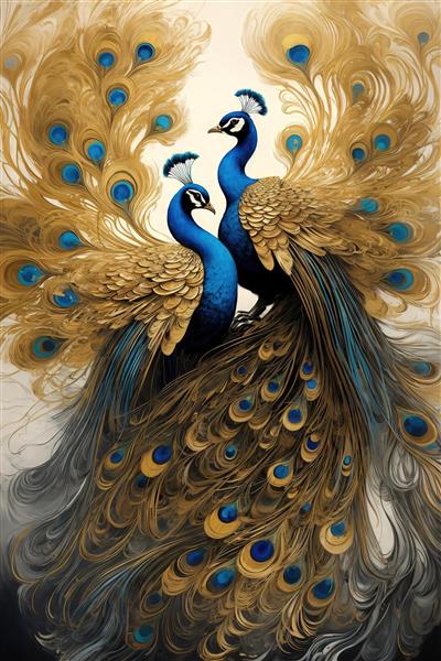 طرح طاووس با بال‌های باز طلایی و آبی برای دکوراسیون لوکس باکیفیت
