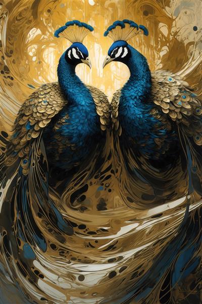 طرح طاووس‌های روبروی هم با رنگ‌های آبی و طلایی برای تابلو پذیرایی