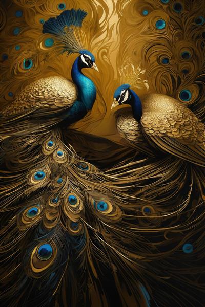 تصویر طاووس باکیفیت با پرهای طلایی و چشم‌های آبی برای روتختی