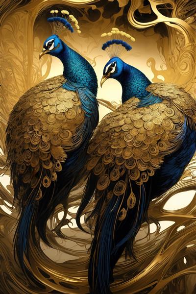 عکس دو طاووس آبی طلایی در پس‌زمینه انتزاعی طلایی برای پوستر