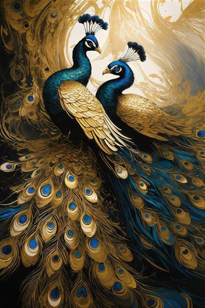 طرح دکوراتیو دو طاووس سلطنتی با پرهای طلایی و آبی باکیفیت