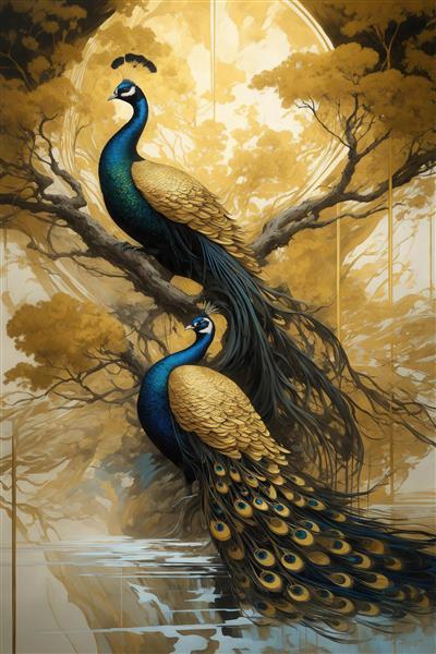 تصویر دو طاووس بزرگ طلایی آبی روی درخت برای چاپ پرده