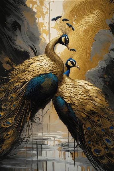 عکس دو طاووس سلطنتی طلایی آبی برای تابلو دکوراتیو لوکس