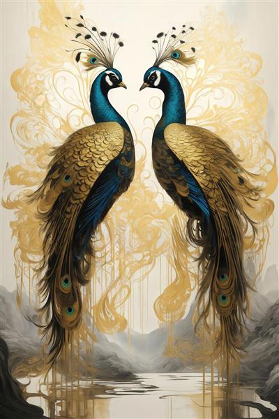 تصویر دو طاووس طلایی و آبی در کنار رودخانه مه‌آلود برای پوستر